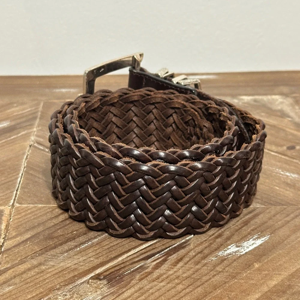 Vintage Brighton Brown Woven Braided Leather Belt Silver Buckle XS/26 97068